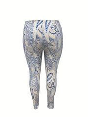 Boho Leggings Women's Plus Paisley Print Elastic High Rise
