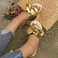 Women's Chain Decor Sandals Slip On Square Toe Flat Outdoor Slides Shoes