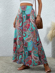 Paisley Print Wide Leg Pants Elastic Waist Casual Pants