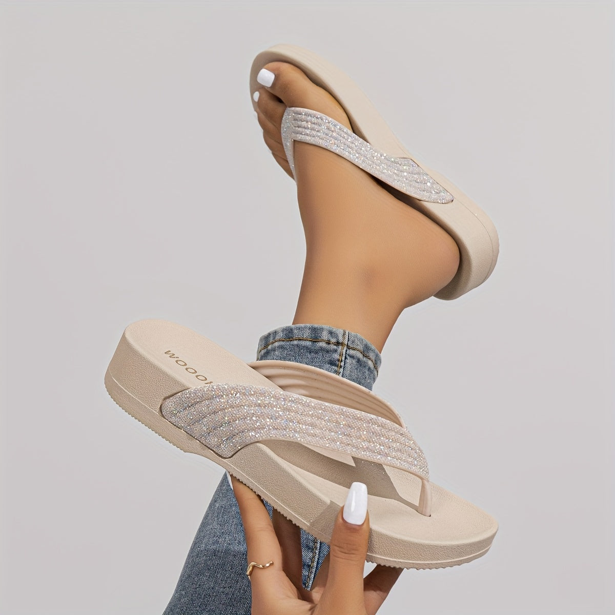 Women's Rhinestone Flip Flops Open Toe Wedge Sandals