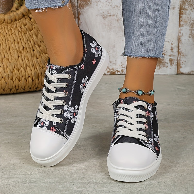 Floral Print Canvas Lace Up Low Top Sneakers Women's Casual Flat Shoes