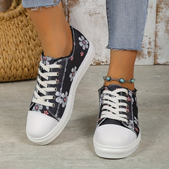 Floral Print Canvas Lace Up Low Top Sneakers Women's Casual Flat Shoes