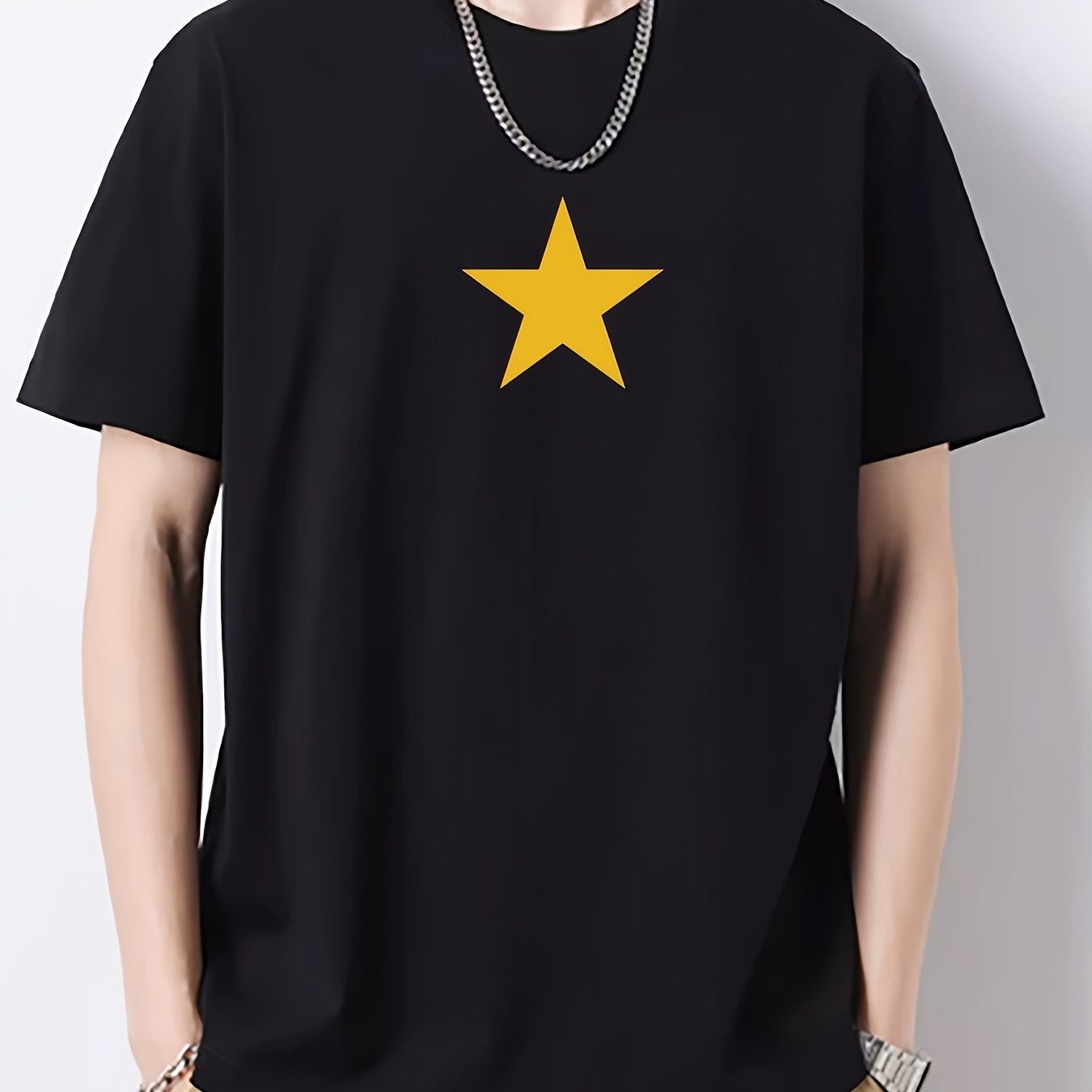 Men's Yellow Star Pattern Crew Neck Cotton T-shirt