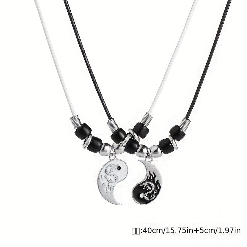 2Pcs Yin Yang Couple Bracelets Necklace Set Adjustable Braid Chain
