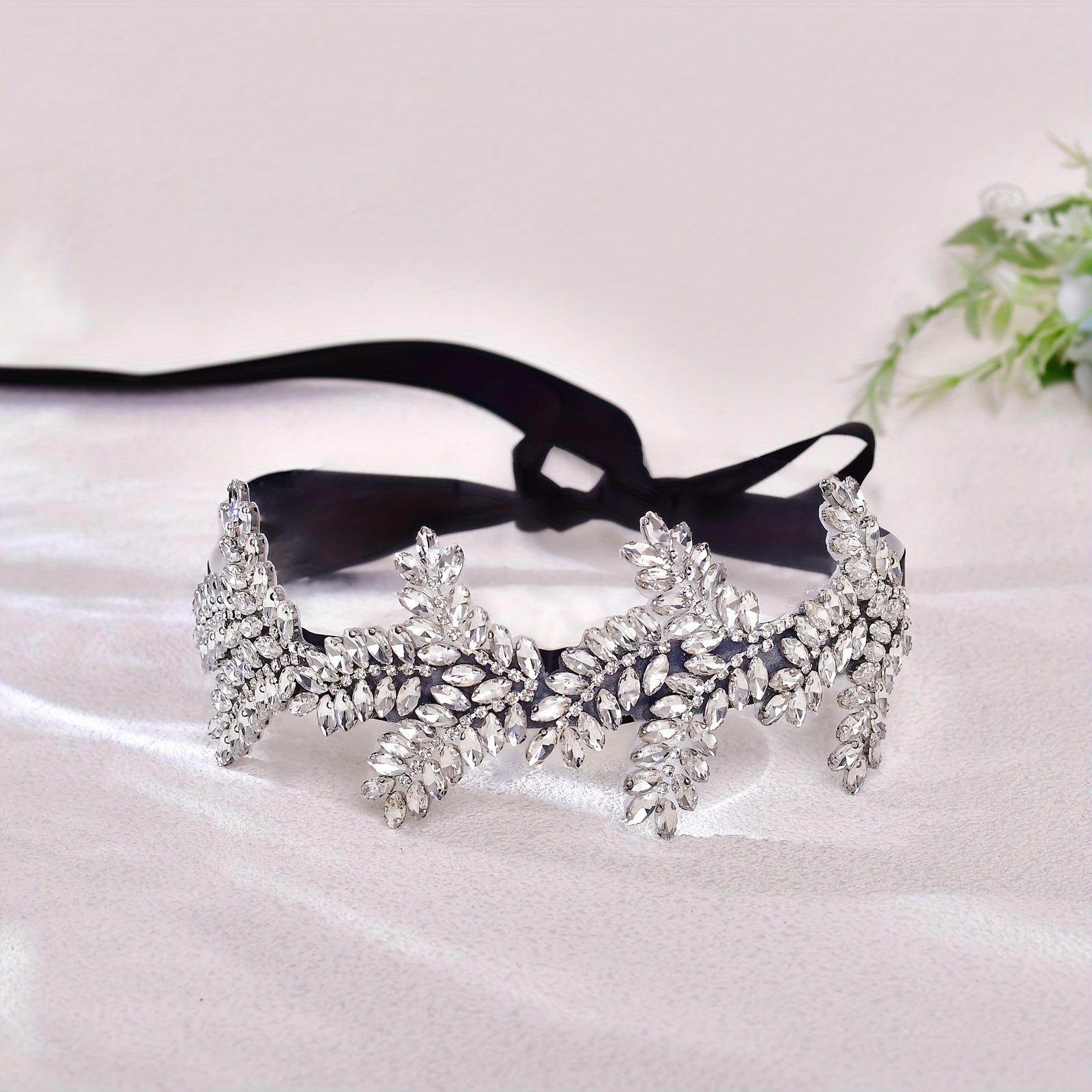Rhinestone Embellished Bridal Headband with Satin Ribbon