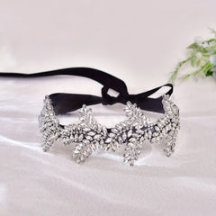 Rhinestone Embellished Bridal Headband with Satin Ribbon