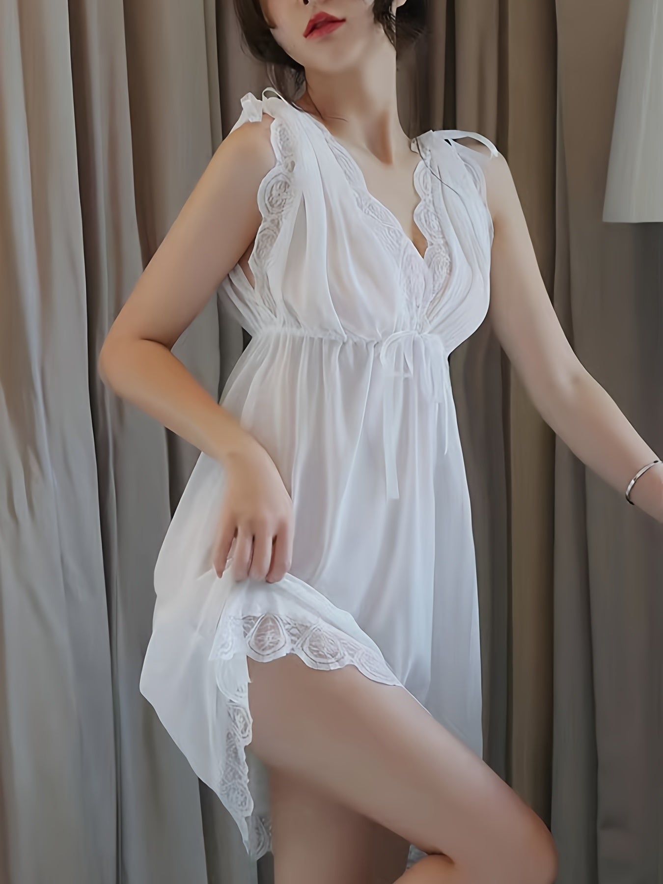 Guaze Tie Pajama Dress Lace Trim Sleeveless Nightdress With Panty