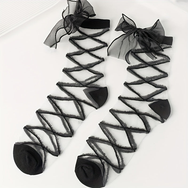 2 Pairs Lace Ruffle Socks Criss Cross Pattern Sheer Mid Tube Stockings