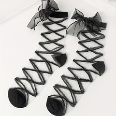 2 Pairs Lace Ruffle Socks Criss Cross Pattern Sheer Mid Tube Stockings
