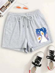 Goose Print Lounge Shorts Elastic Waist Sporty Pajama Shorts