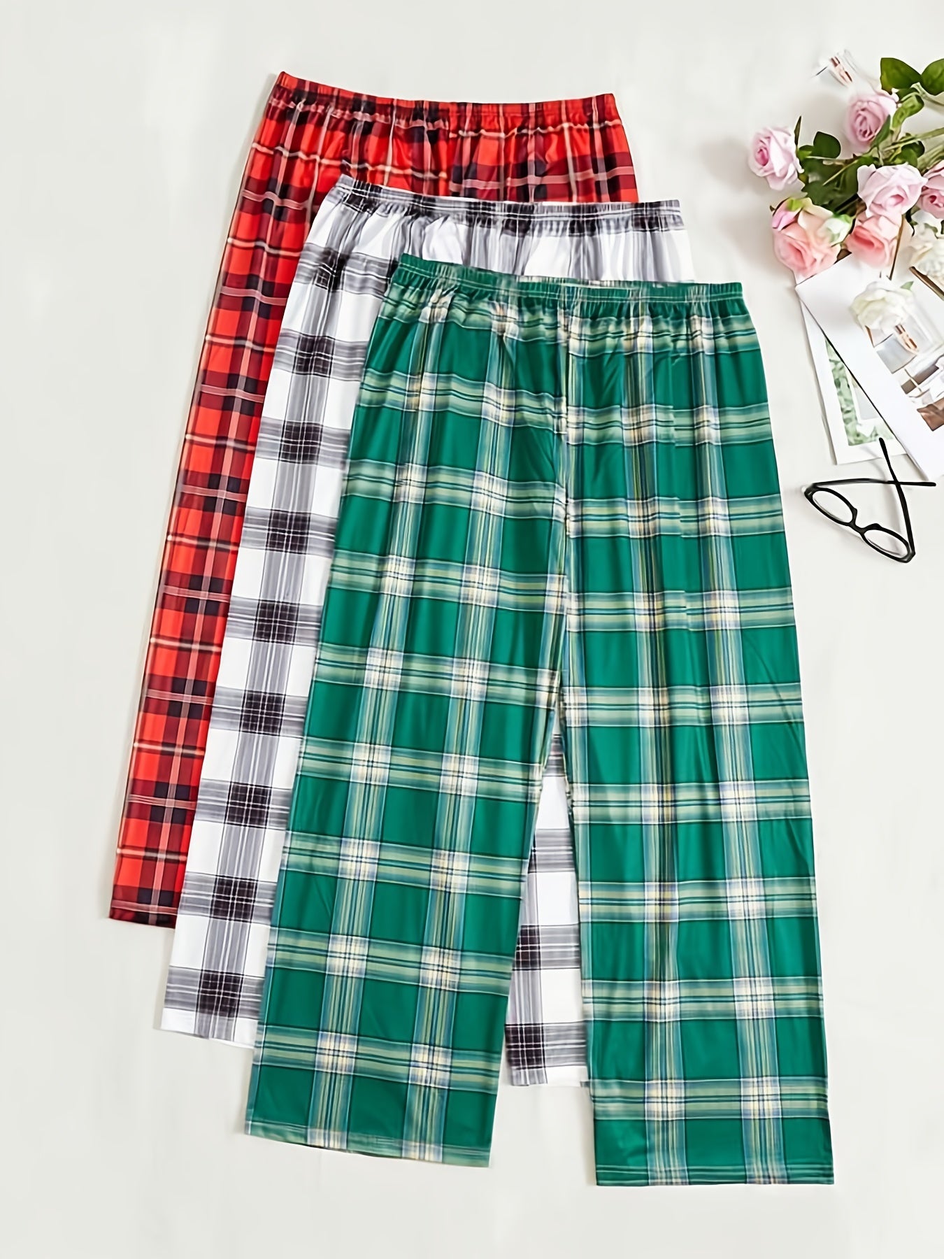 3 Pack Plus Size Casual Pajama Pants Set Women's Plus Plaid Print Elastic Waist