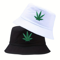 Leaf Embroidery Bucket Hat Cotton Solid Basin Hat