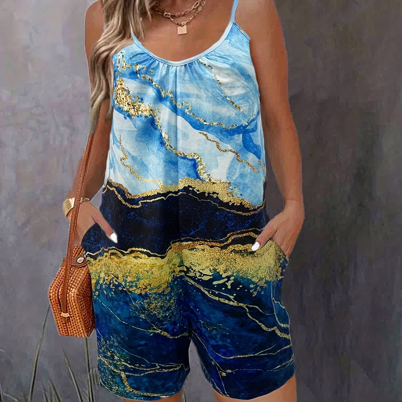 Marble Print Spaghetti Romper Jumpsuit Sleeveless Cami Backless Romper