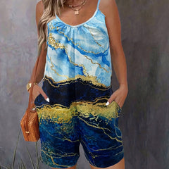 Marble Print Spaghetti Romper Jumpsuit Sleeveless Cami Backless Romper