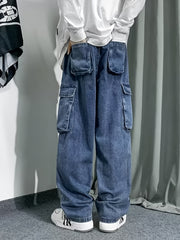 Men's Wide Leg Denim Cargo Pants Retro Style Spring Summer