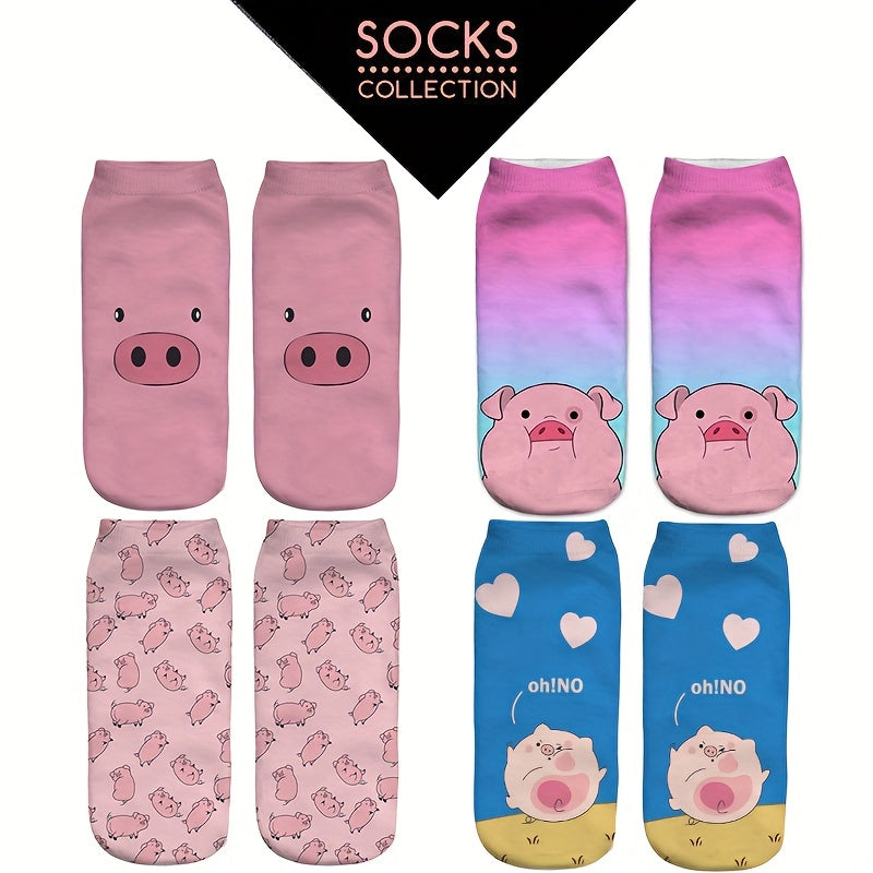 4 Pairs Pig Print Socks Low Cut Ankle Socks Women's Stockings