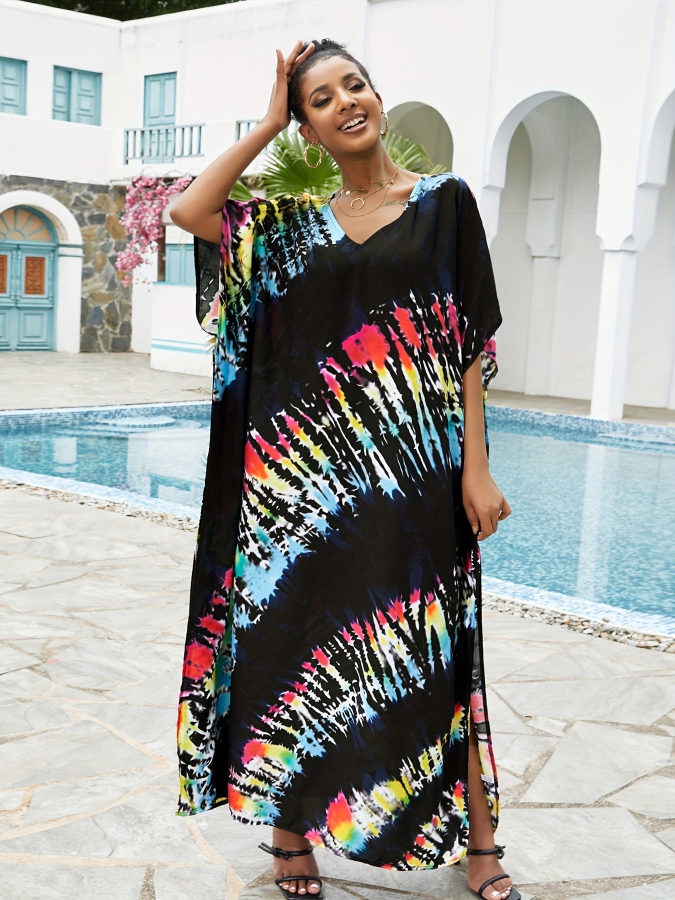 Boho Cover Up V Neck Bat Sleeve Split Dress