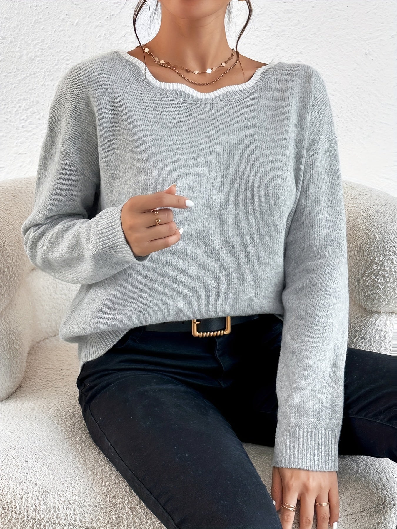Scallop Trim Bow Back Pullover Sweater