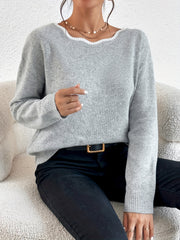 Scallop Trim Bow Back Pullover Sweater