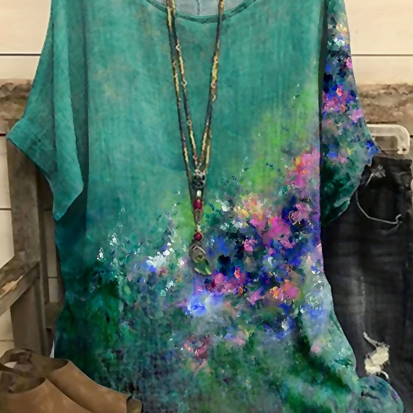 Casual Blouse Women's Plus Painting Print Short Sleeve Round Neck