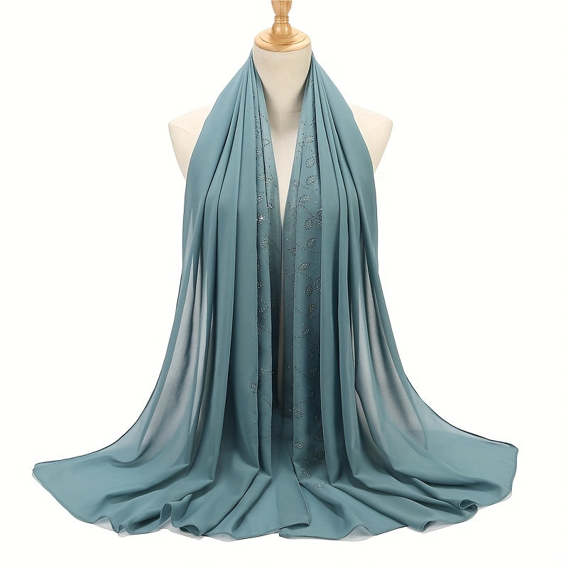Chiffon Scarf Rhinestone Leaf Decor Hijab Classic Shawl