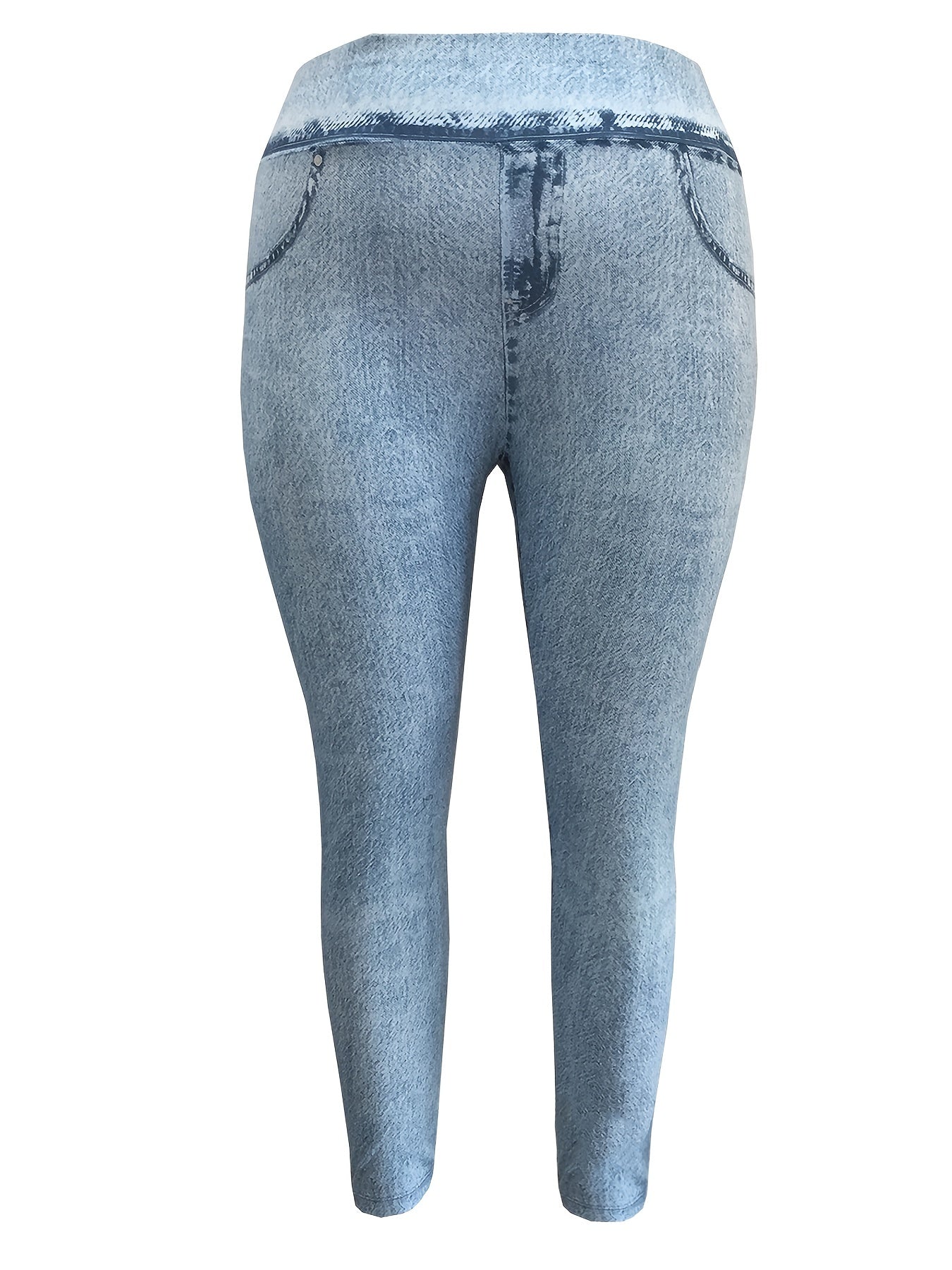 Denim Print High Waisted Plus Size Leggings for Women, Tummy Control Yoga Pants