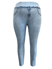 Denim Print High Waisted Plus Size Leggings for Women, Tummy Control Yoga Pants