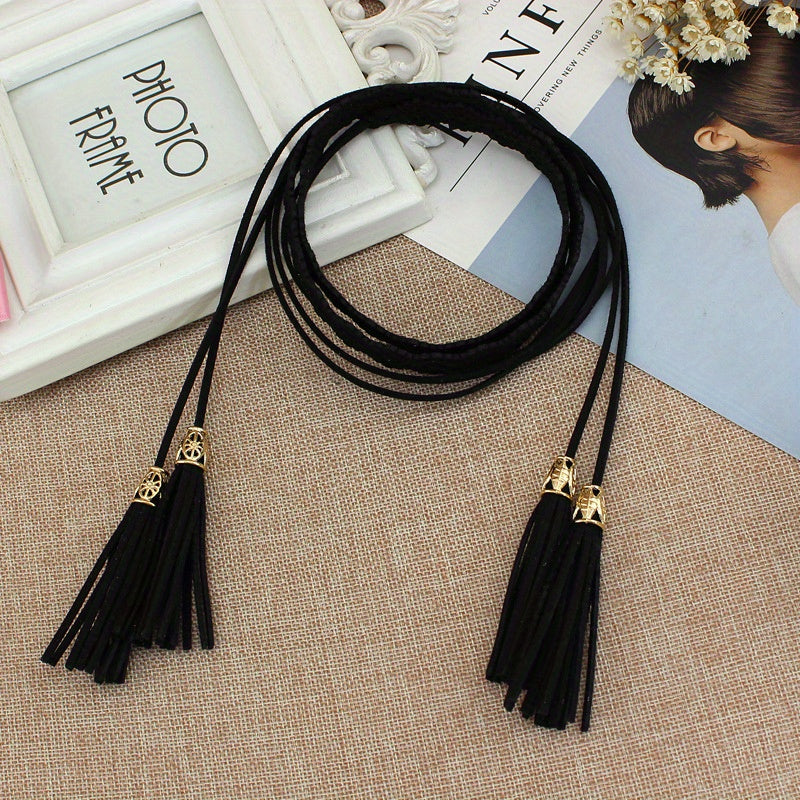 Boho Tassel Sash Belt Flower Hollow Knotted Belt Solid Waistband