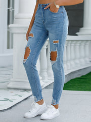 Cut Out Front Denim Pants Ripped Holes Raw Trim High Waist Skinny Jeans