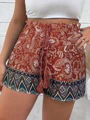 Boho Shorts Women's Plus Paisley Border Print Drawstring Vacay Shorts