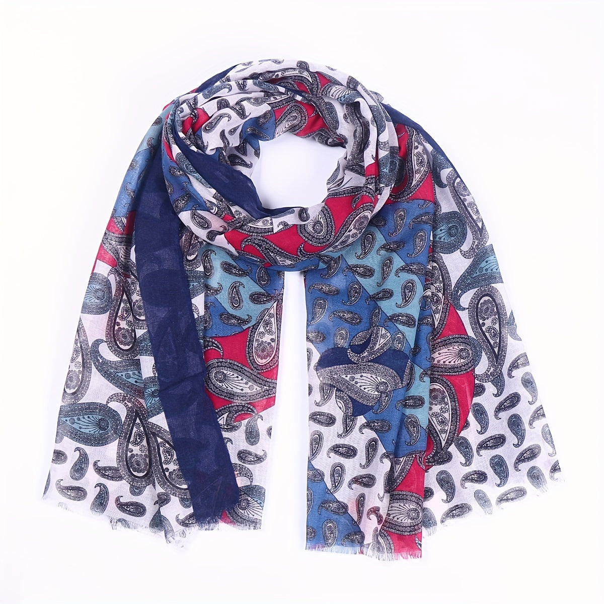 Boho Paisley Print Scarf Block Vintage Raw Edge Shawl