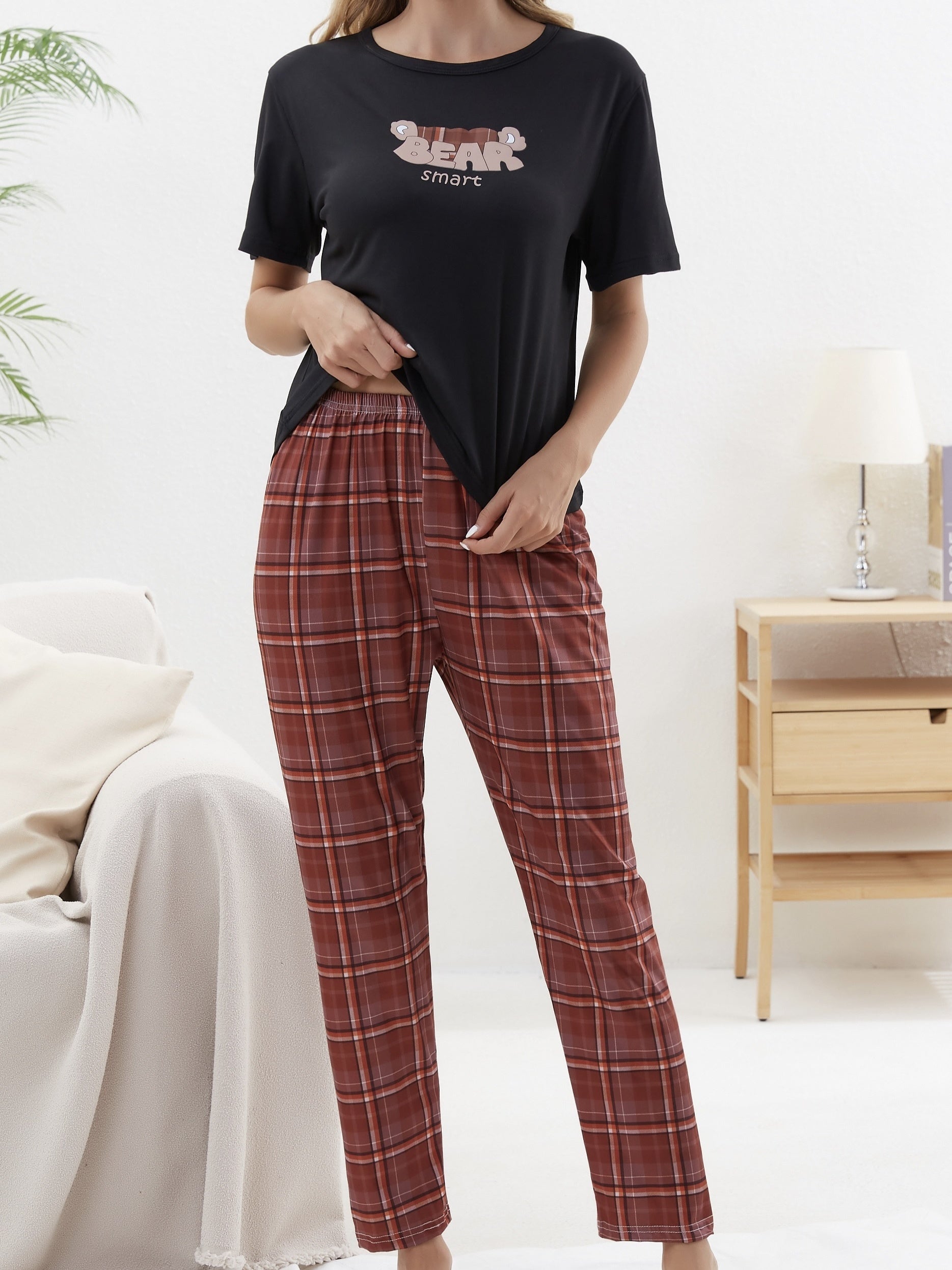 Letter Print Pajama Set Crew Neck Top & Plaid Pants Women's Loungewear