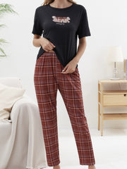 Letter Print Pajama Set Crew Neck Top & Plaid Pants Women's Loungewear