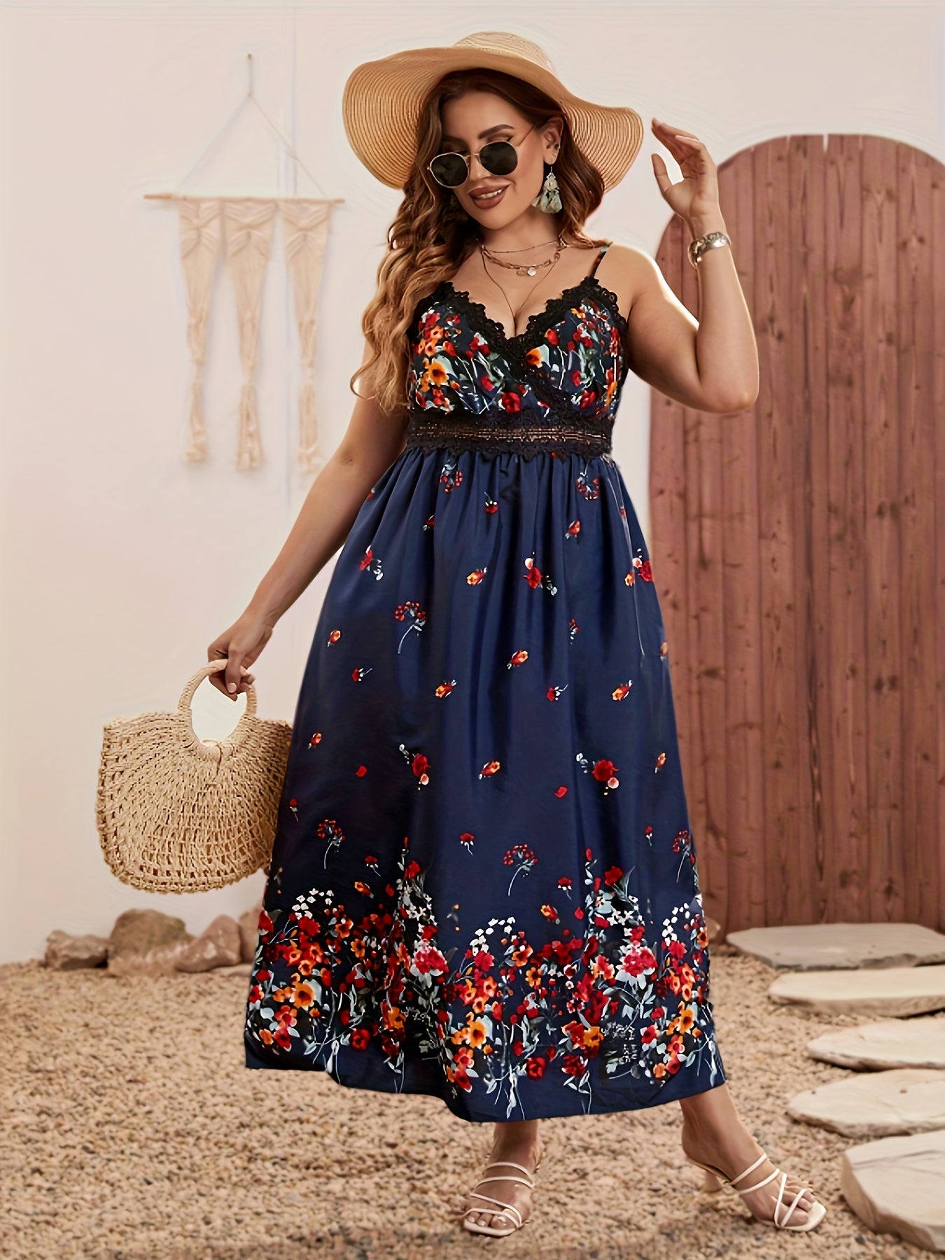 Floral Print Lace Trim Maxi Dress