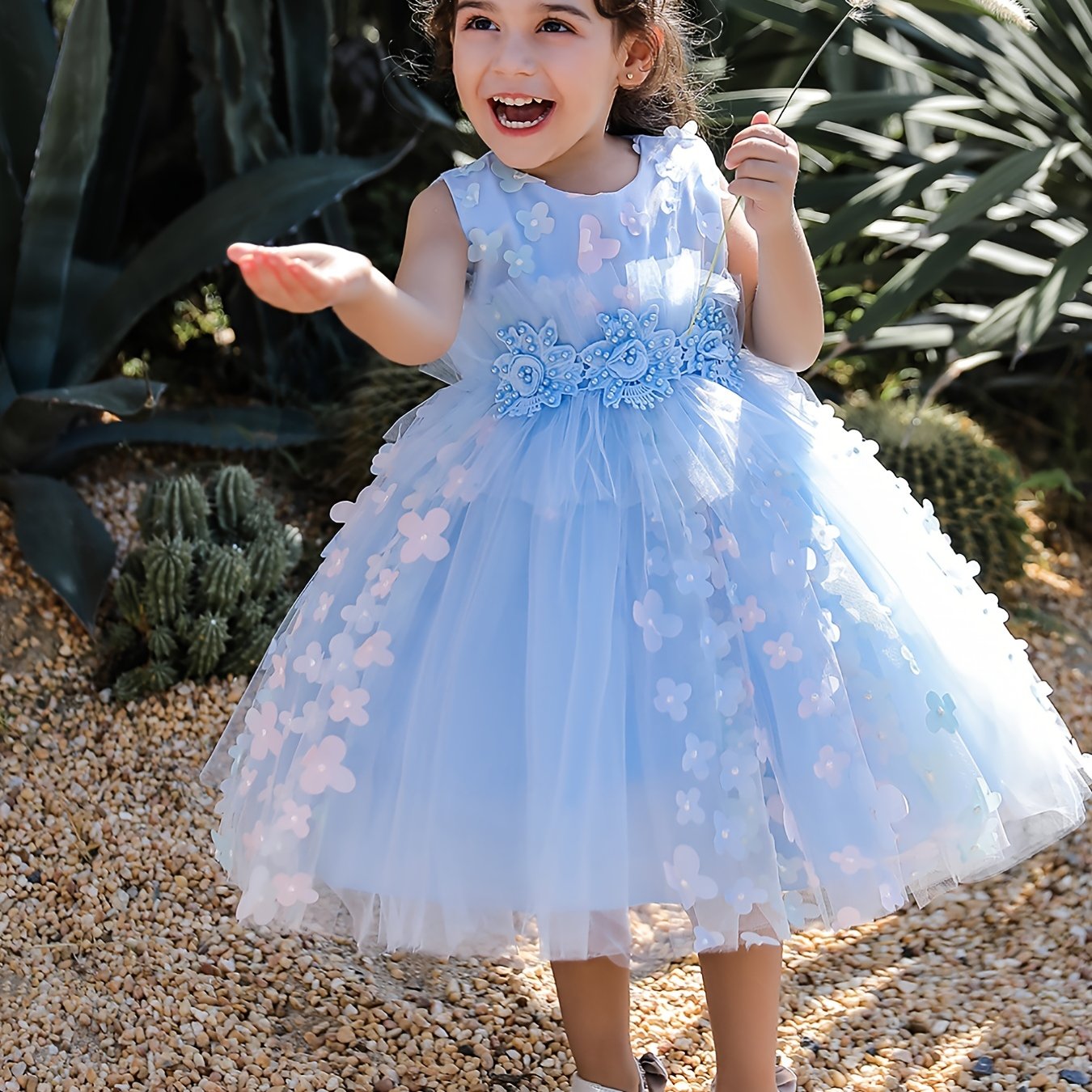 Girls Butterfly Decor Sleeveless Mesh Princess Dress