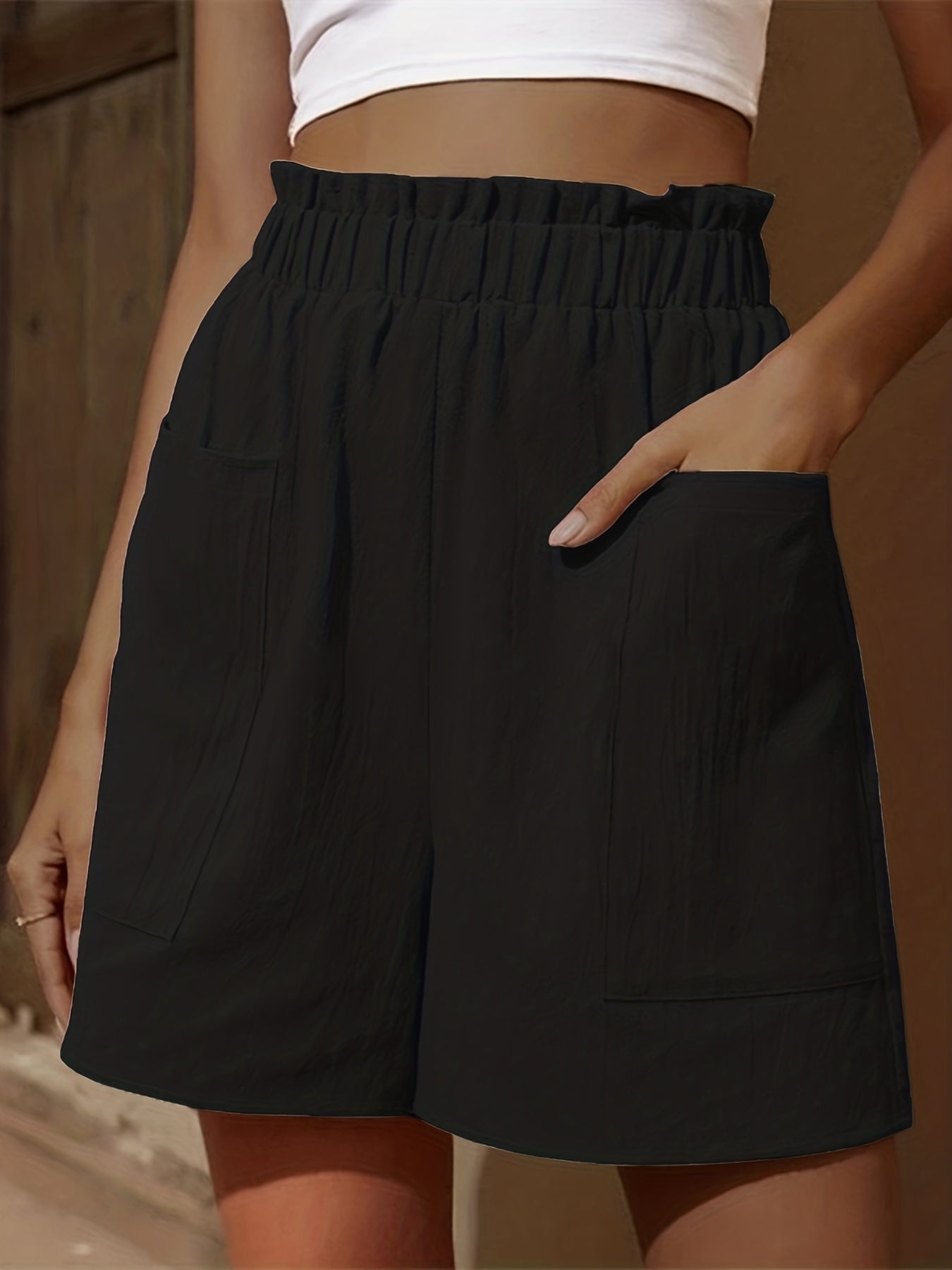 Patched Pockets Ruffle Trim Shorts Solid Casual Wear