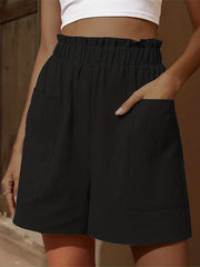 Patched Pockets Ruffle Trim Shorts Solid Casual Wear