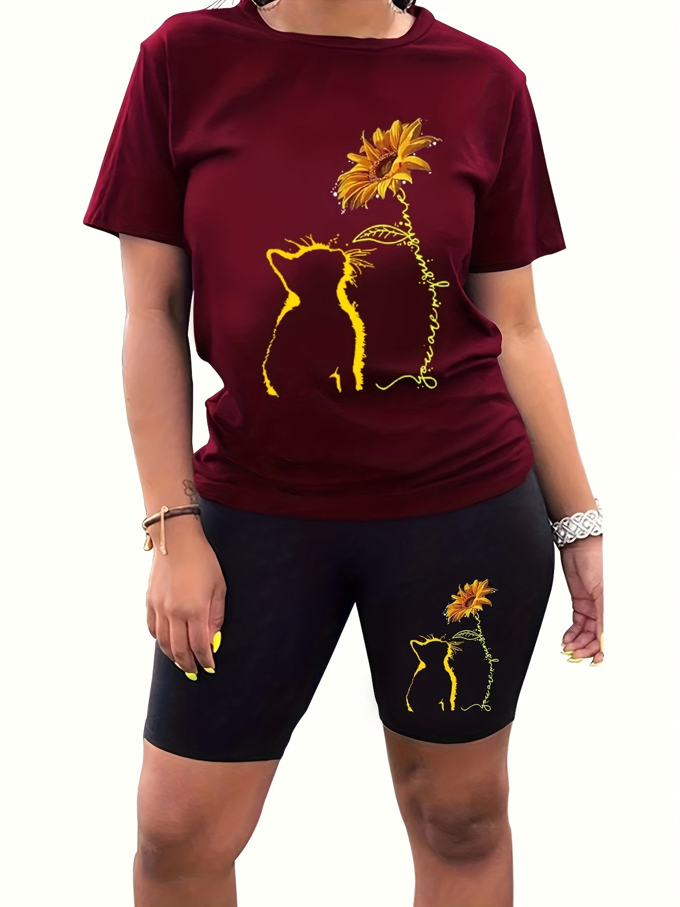 Cat & Sunflower Print Tee & Shorts Set