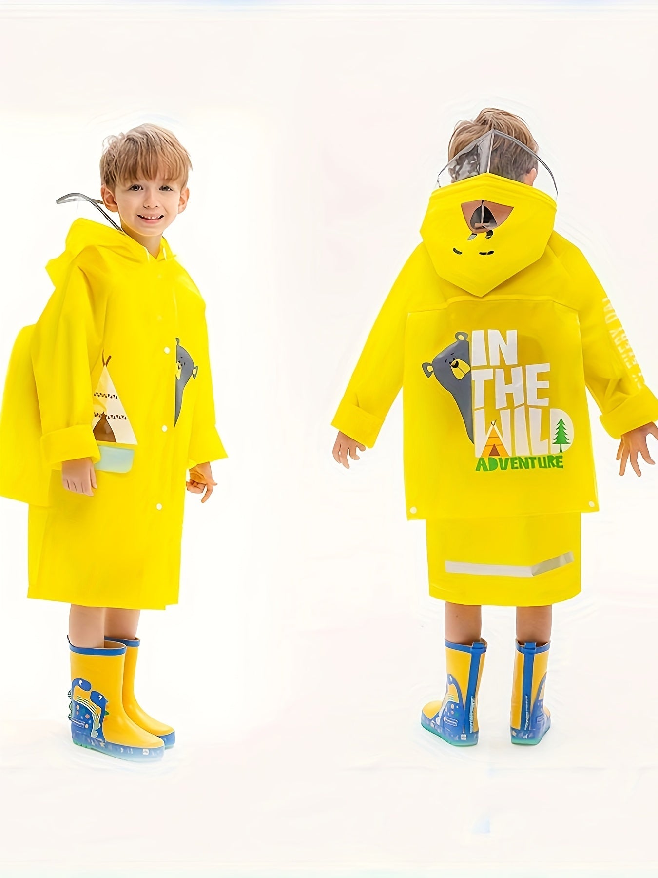 Kid's Hooded Raincoat Button Down Rain Poncho Jacket Animal Pattern Rainsuit
