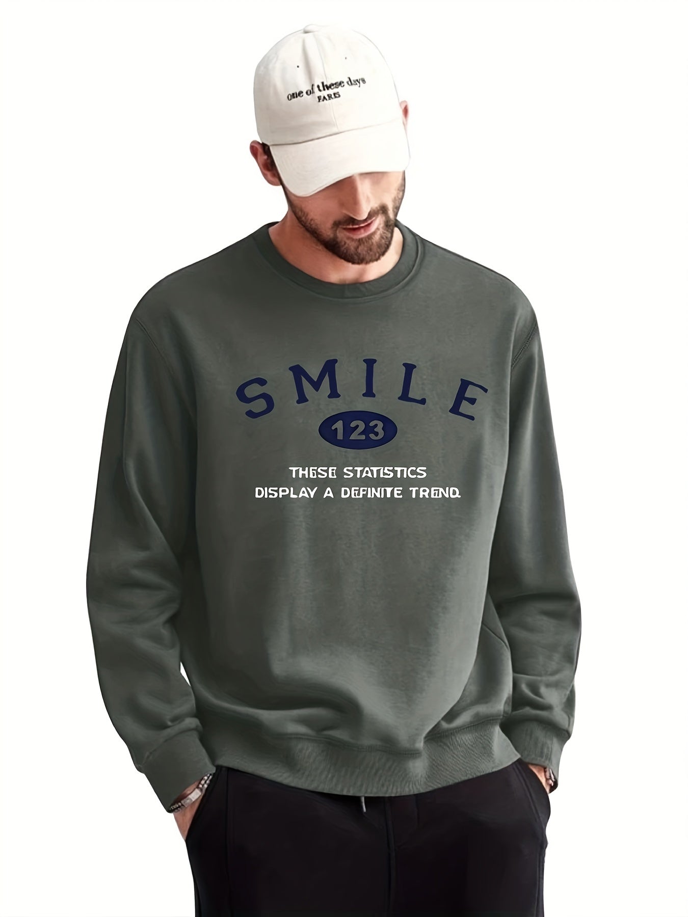 SMILE Print Sweatshirt Men's Casual Graphic Crew Neck Pullover Sweatshirt