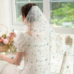 Short Bridal Veil with Floral Print and Comb
