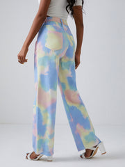Tie Dye Straight Jeans Raw Cut Loose Fit Denim Pants