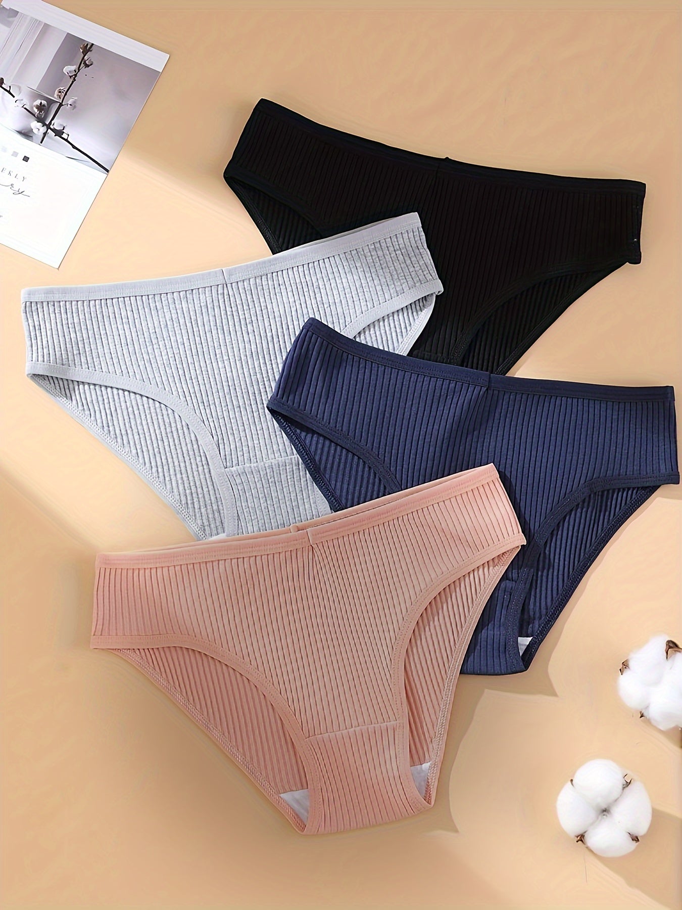 4pcs Solid Ribbed Briefs Comfy Intimates Panties Women's Lingerie