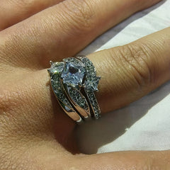 Classic Silver Stainless Steel Matching Ring With Sapphire Zircon Size 5-11