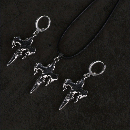 Halloween Gothic Cross Pendant Earring Necklace Set