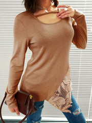 Knit Top Women's Plus Contrast Lace Long Sleeve Keyhole Top