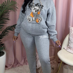 Flame Bear & Slogan Print Hoodie & Sweatpants Set