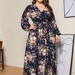 Women's Plus Floral Print Long Sleeve Maxi Dress With Belt
