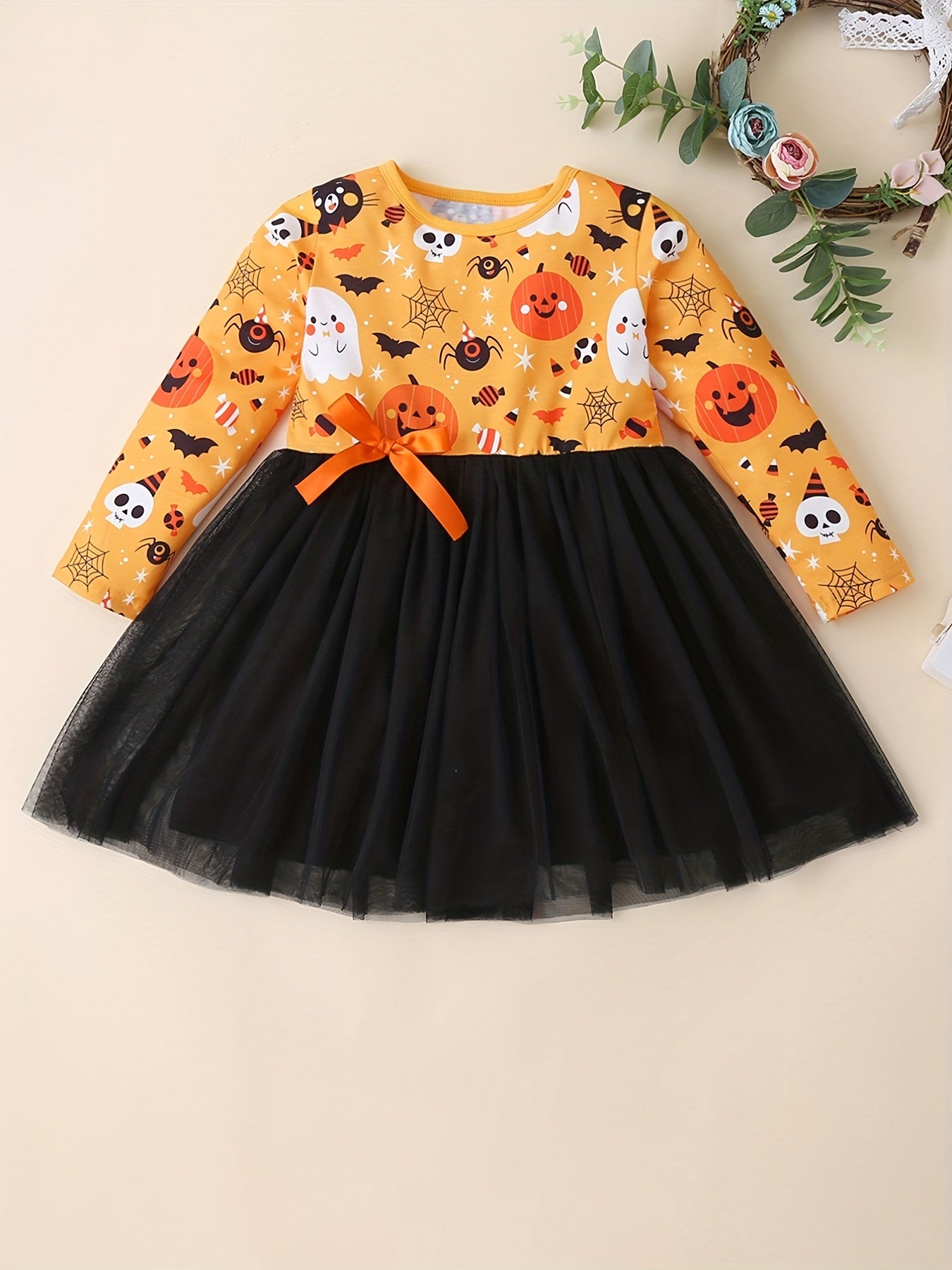 Halloween Print Mesh Party Dress Baby Girls Long Sleeve Casual Dress