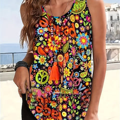 Boho Tank Top Women's Plus Paisley Print Round Neck Medium Stretch